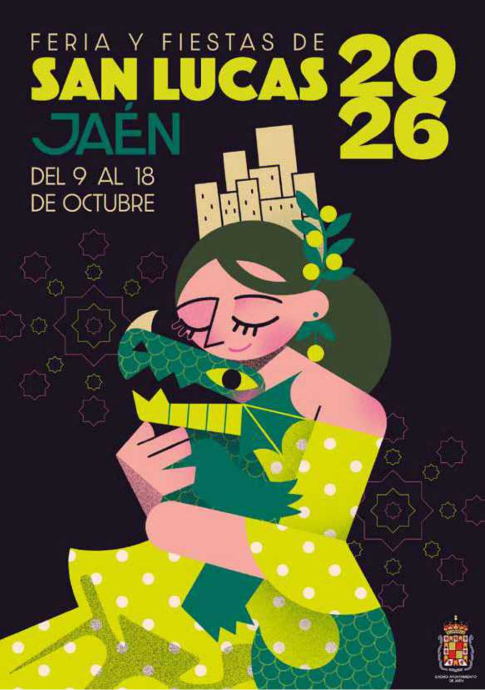 Poster of the 2026 San Lucas Fair in Jaén: a woman in a yellow polka-dot flamenco dress, crowned with the city’s towers and an olive branch, hugs the Lagarto de la Magdalena with her eyes closed, against a dark background with Andalusian stars.