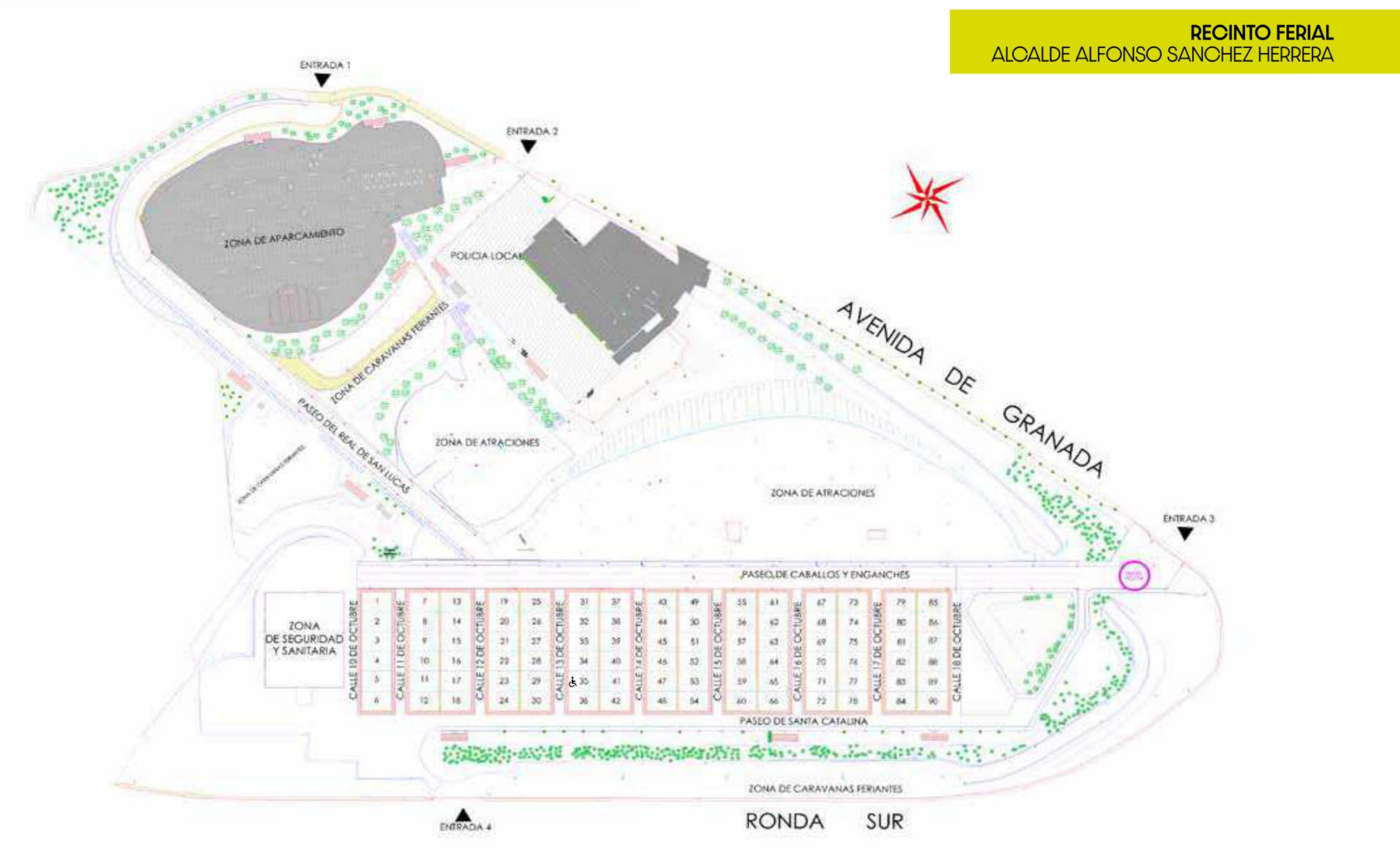Map of the Jaén fairground: to the north the car park and the Local Police, with entrances 1 and 2; in the middle the two ride areas; to the south the casetas numbered 1 to 90 between the Paseo de Caballos y Enganches and the Paseo de Santa Catalina; entrance 3 on avenida de Granada and 4 on the Ronda Sur.