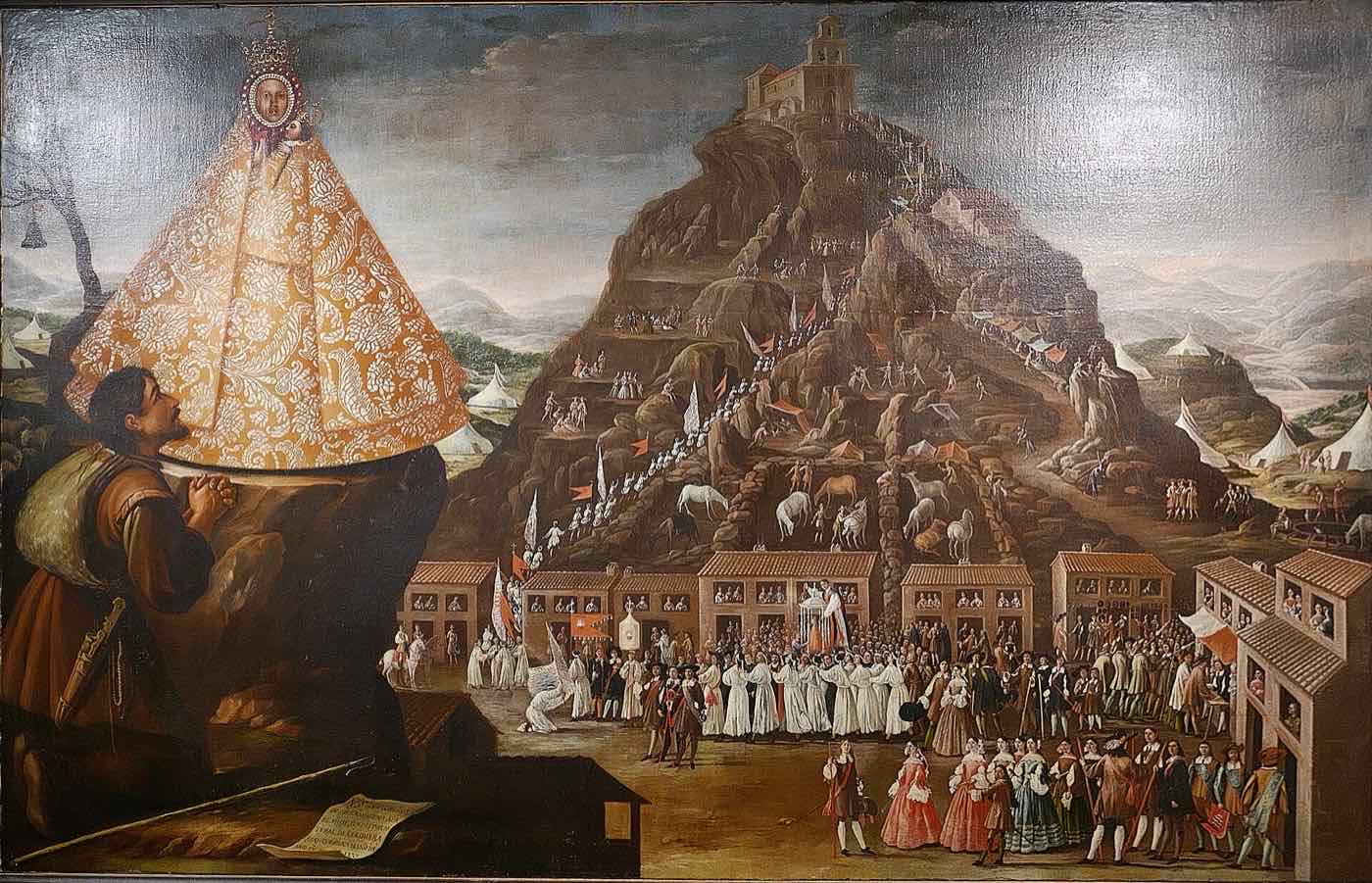 Óleo de la romería de la Virgen de la Cabeza firmado por Bernardo Asturiano hacia 1677-1682: el santuario en lo alto del cerro y los romeros subiendo.