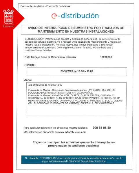 Imagen de la noticia: Fuensanta de Martos cortará la luz el miércoles en varias calles por trabajos en la red