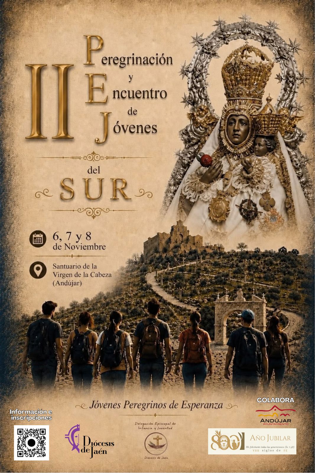 Cartel de una peregrinación juvenil con una imagen de la Virgen con el Niño, un santuario en un cerro y jóvenes con mochilas de espaldas.