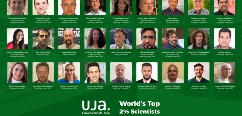 Una cuadrícula de retratos de investigadores con sus nombres bajo cada foto y el logotipo de la Universidad de Jaén al pie.