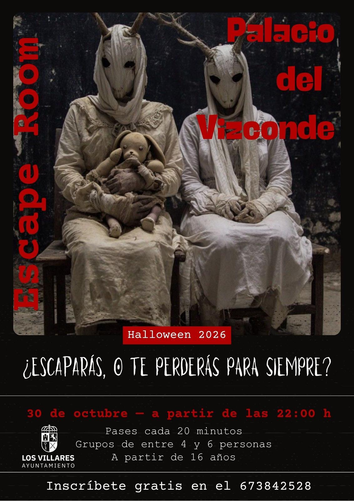 Cartel de un escape room de terror con dos figuras disfrazadas y un muñeco, texto rojo y datos del evento.