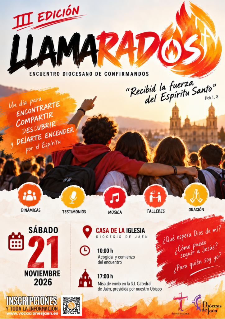 Cartel del encuentro diocesano de confirmandos Llamarados, con jóvenes de espaldas y una catedral al fondo.