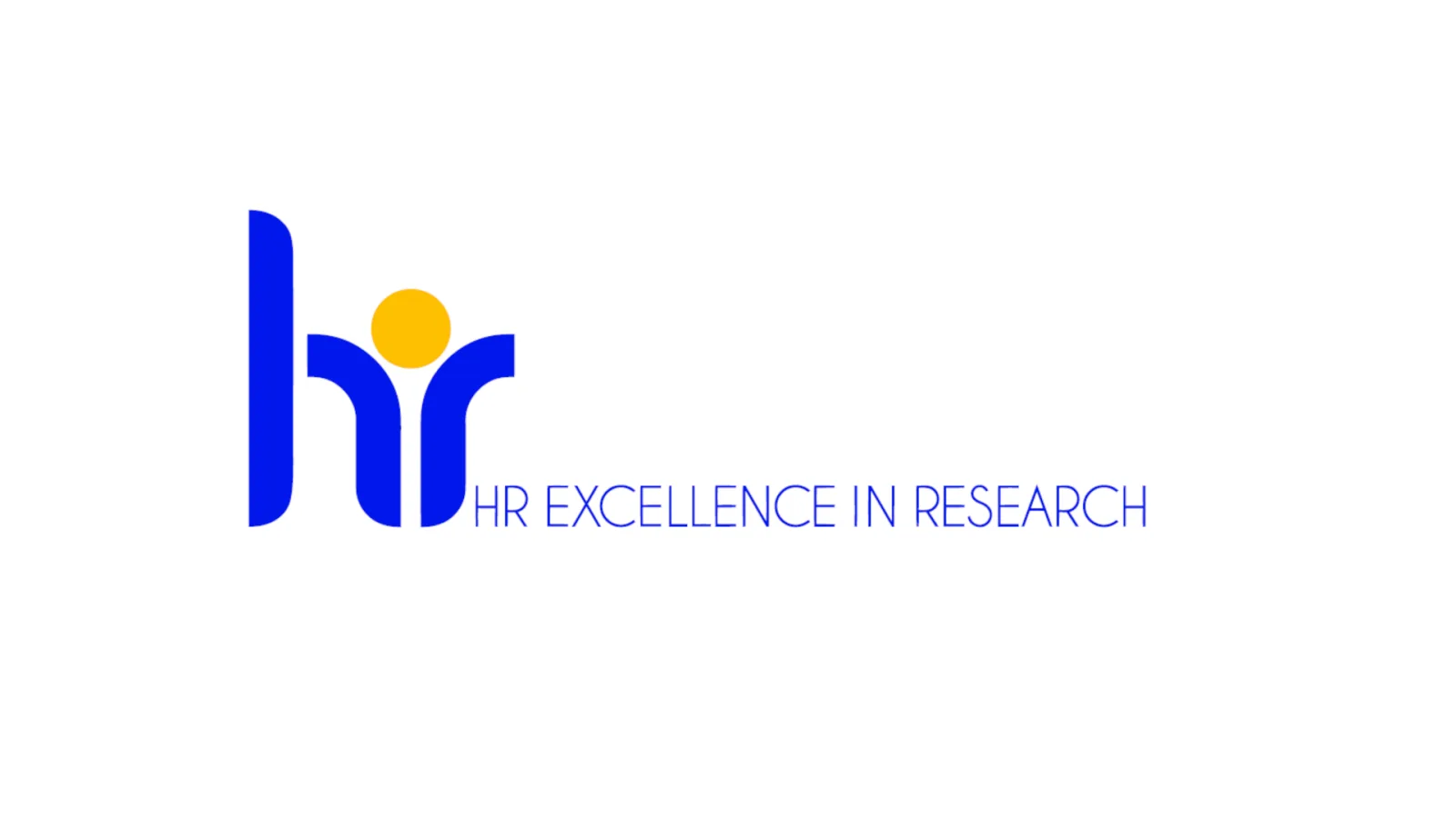 Logotipo azul con una figura estilizada y un círculo amarillo, junto al texto HR EXCELLENCE IN RESEARCH sobre fondo blanco.