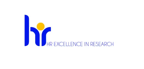Logotipo azul con una figura humana estilizada y un círculo amarillo, junto al texto HR EXCELLENCE IN RESEARCH.