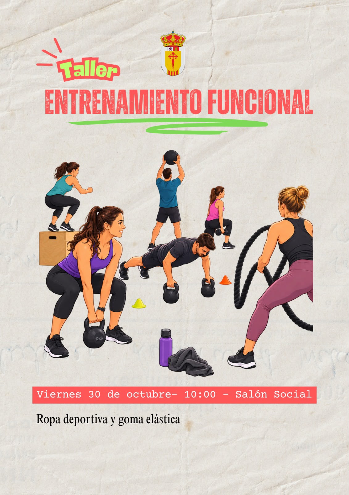 Cartel de un taller de entrenamiento funcional con varias personas ilustradas haciendo ejercicio con pesas y cuerdas.