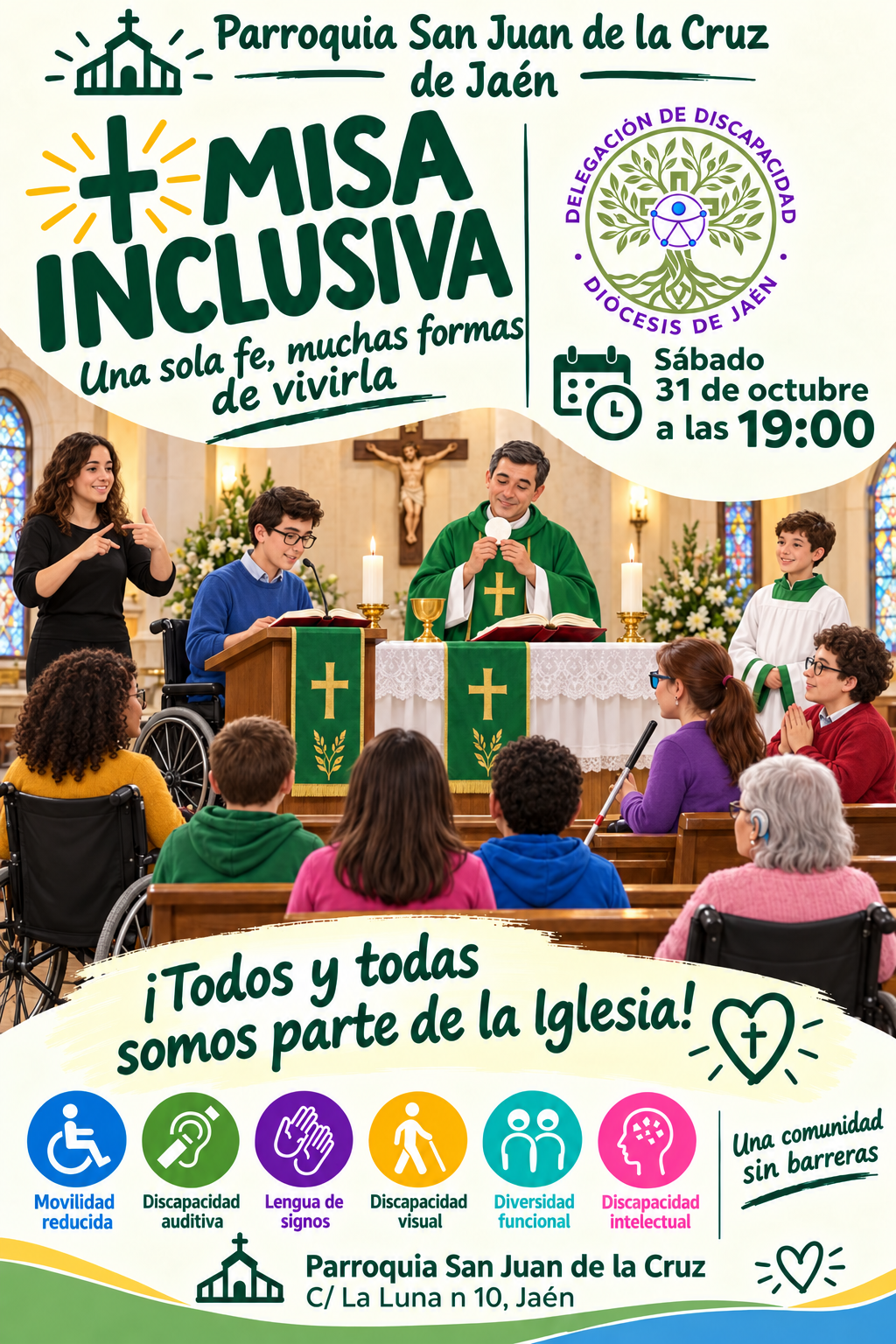 Cartel de una misa inclusiva con un sacerdote oficiando ante fieles, algunos en silla de ruedas, y textos sobre el evento.