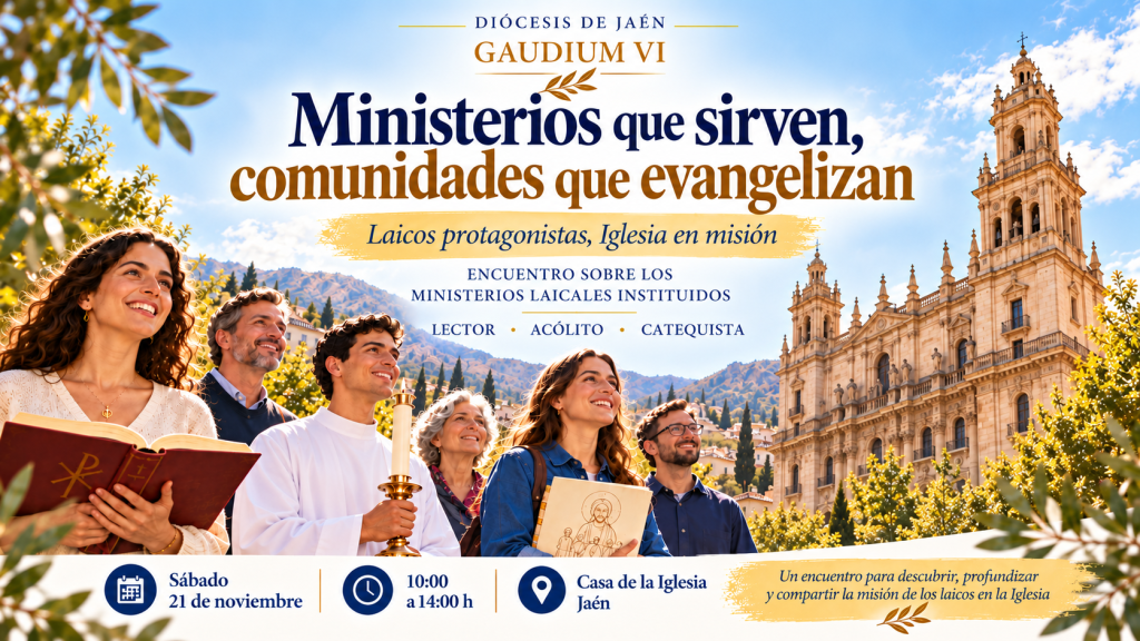 Cartel de un encuentro diocesano con un grupo de personas y una gran catedral al fondo.