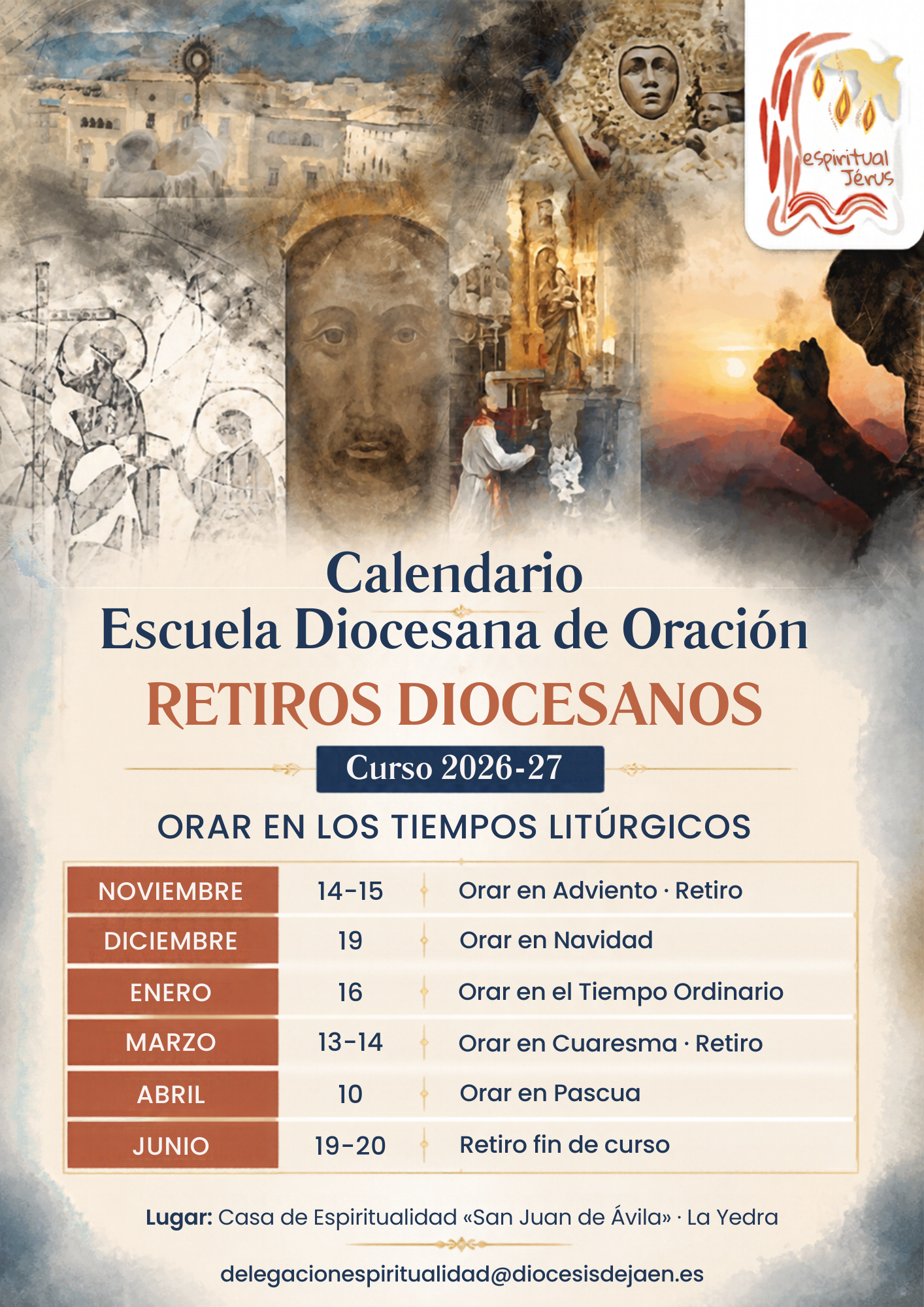 Cartel con un collage religioso y el calendario de retiros de la Escuela Diocesana de Oración, curso 2026-27.