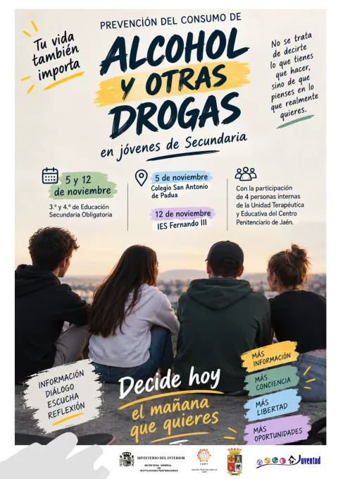 Cartel sobre prevención del consumo de alcohol y drogas con cuatro jóvenes sentados de espaldas mirando una ciudad al fondo.