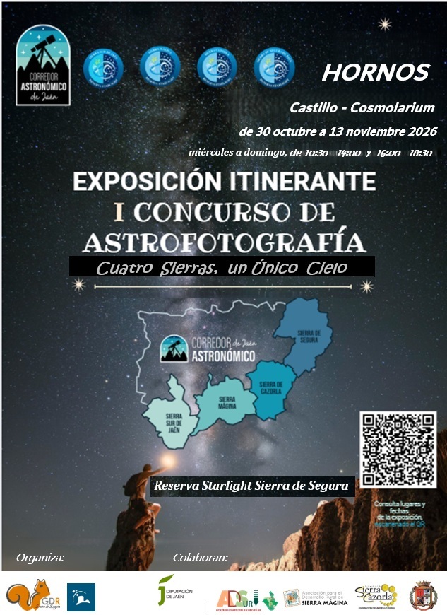 Cartel de una exposición itinerante de astrofotografía con un mapa de cuatro sierras y un cielo estrellado.