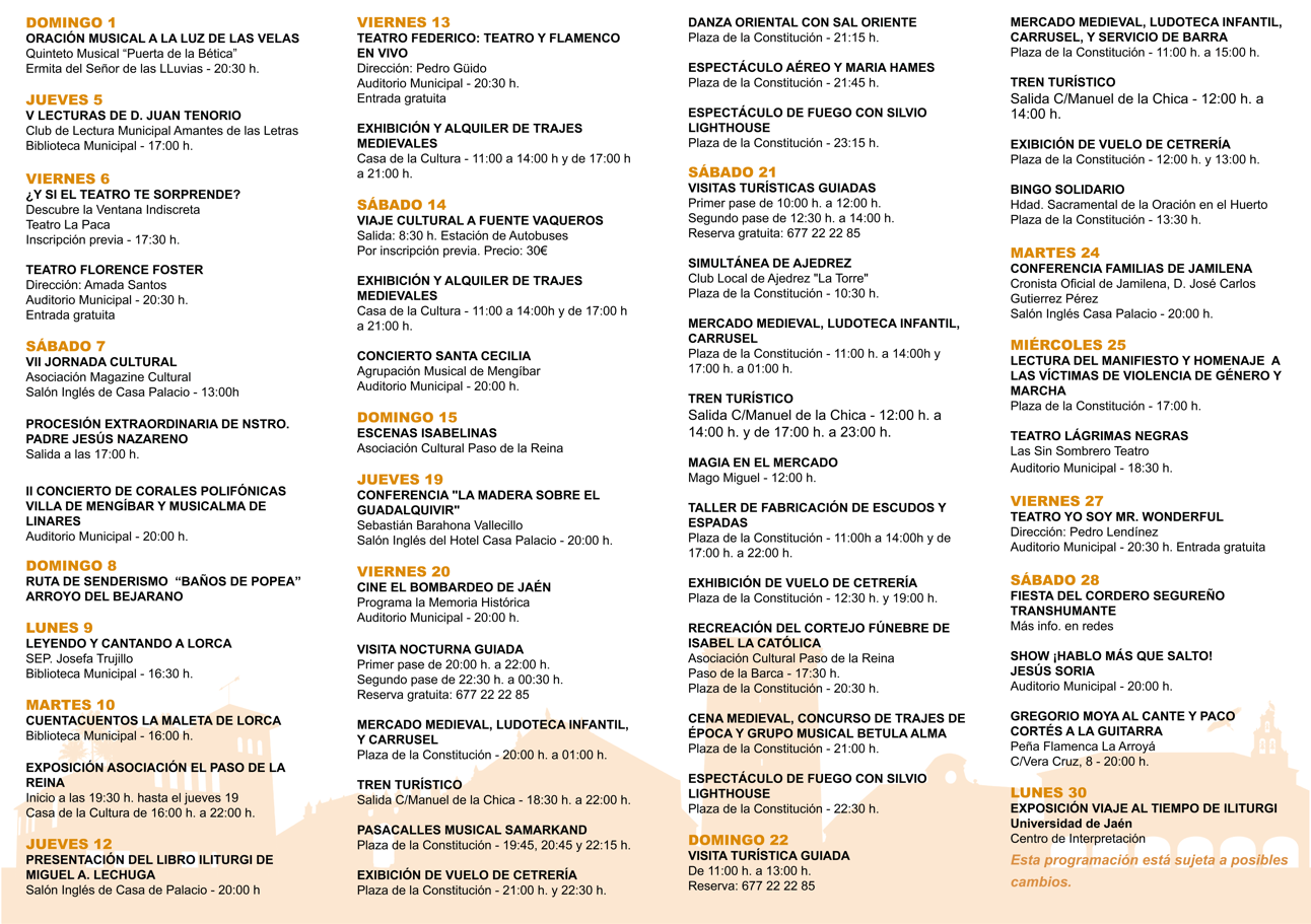 Programa de actividades de noviembre con columnas por días, horarios y lugares, sobre un fondo con siluetas de edificios.