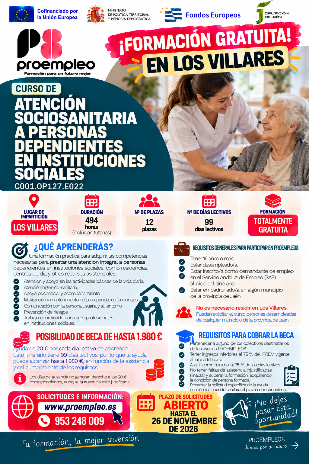 Cartel informativo de un curso gratuito de atención sociosanitaria en Los Villares, con una cuidadora y una persona mayor sonriendo.