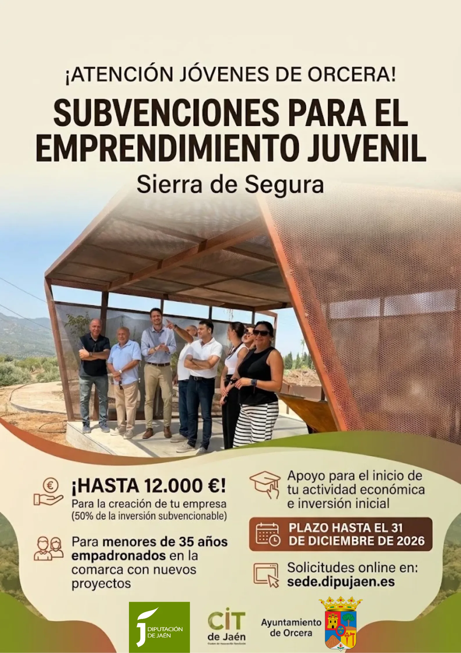 Cartel de subvenciones al emprendimiento juvenil con un grupo de personas bajo una marquesina metálica.