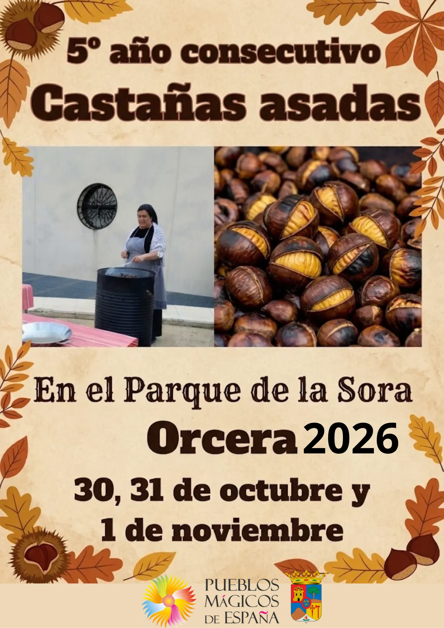 Cartel de castañas asadas con una mujer junto a un brasero y un primer plano de castañas.