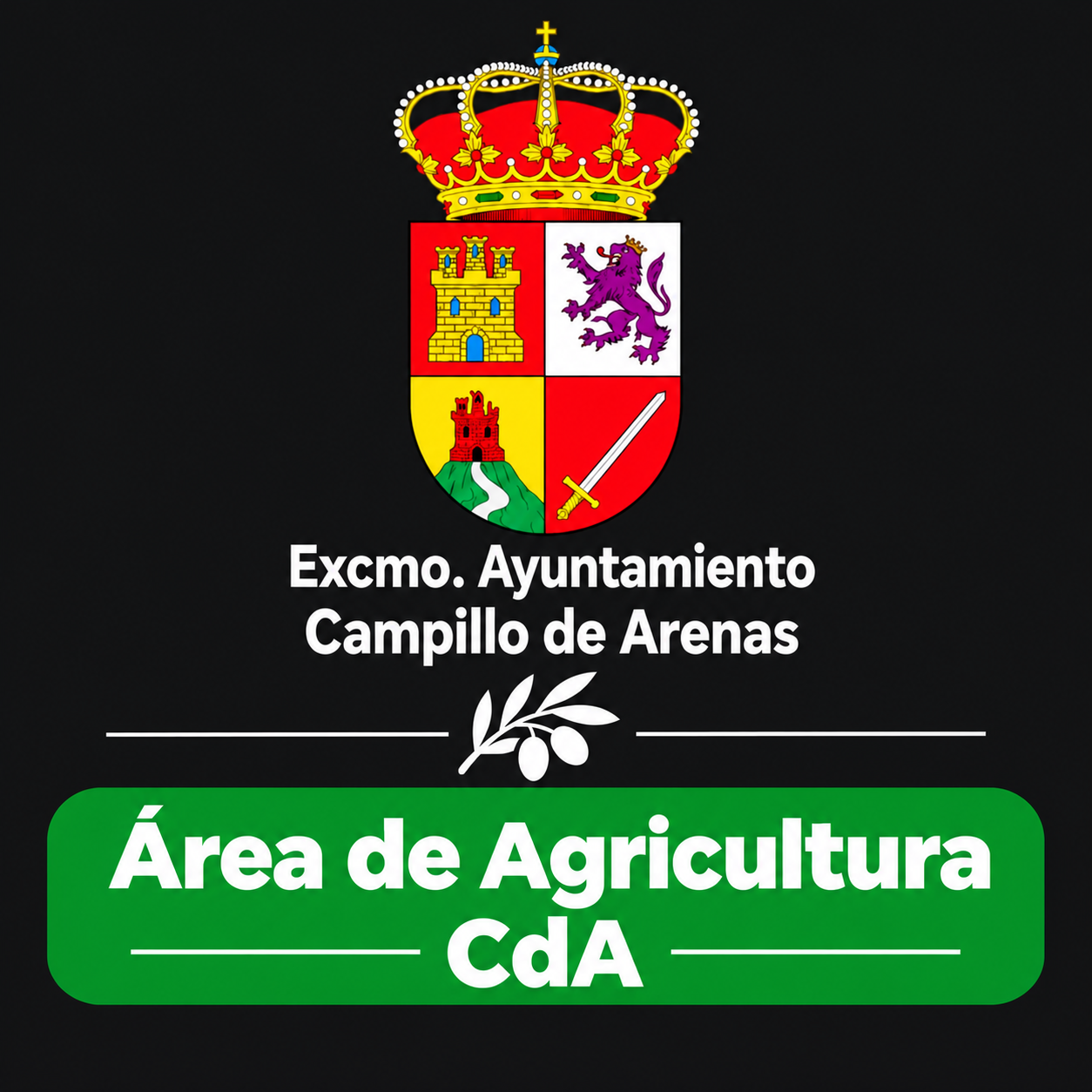 Escudo coronado sobre fondo negro con el texto Excmo. Ayuntamiento Campillo de Arenas y una rama de olivo.