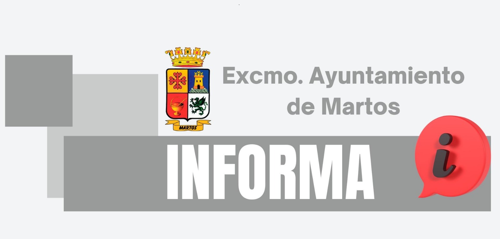 Escudo coronado junto al texto Excmo. Ayuntamiento de Martos y la palabra INFORMA con un icono rojo de información.