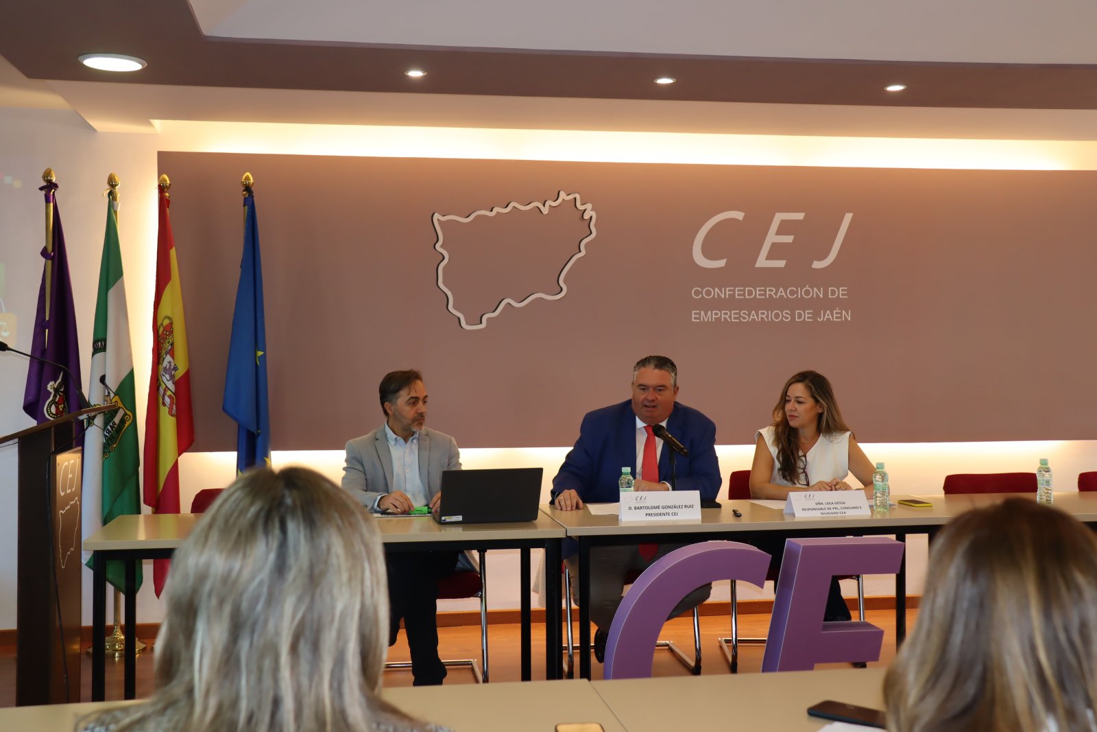 Tres personas sentadas tras una mesa en una sala con banderas y el logotipo CEJ, vistas desde el público.