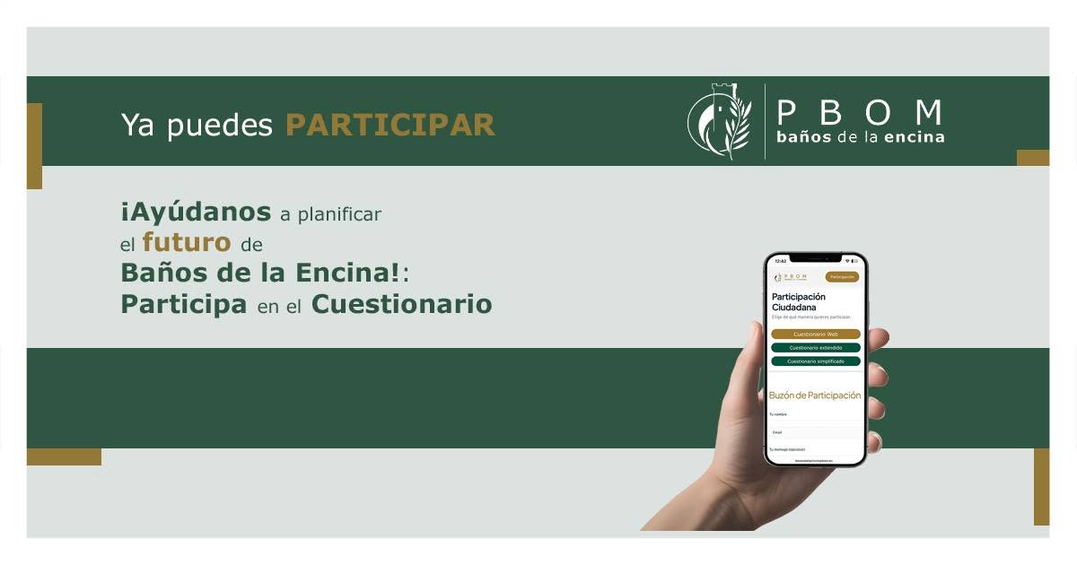 Cartel verde y gris con el texto Ya puedes PARTICIPAR y una mano sosteniendo un móvil con un cuestionario.