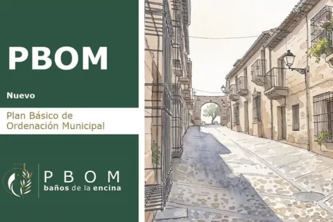 Cartel verde con el texto PBOM y una ilustración de una calle estrecha empedrada con balcones y un arco al fondo.