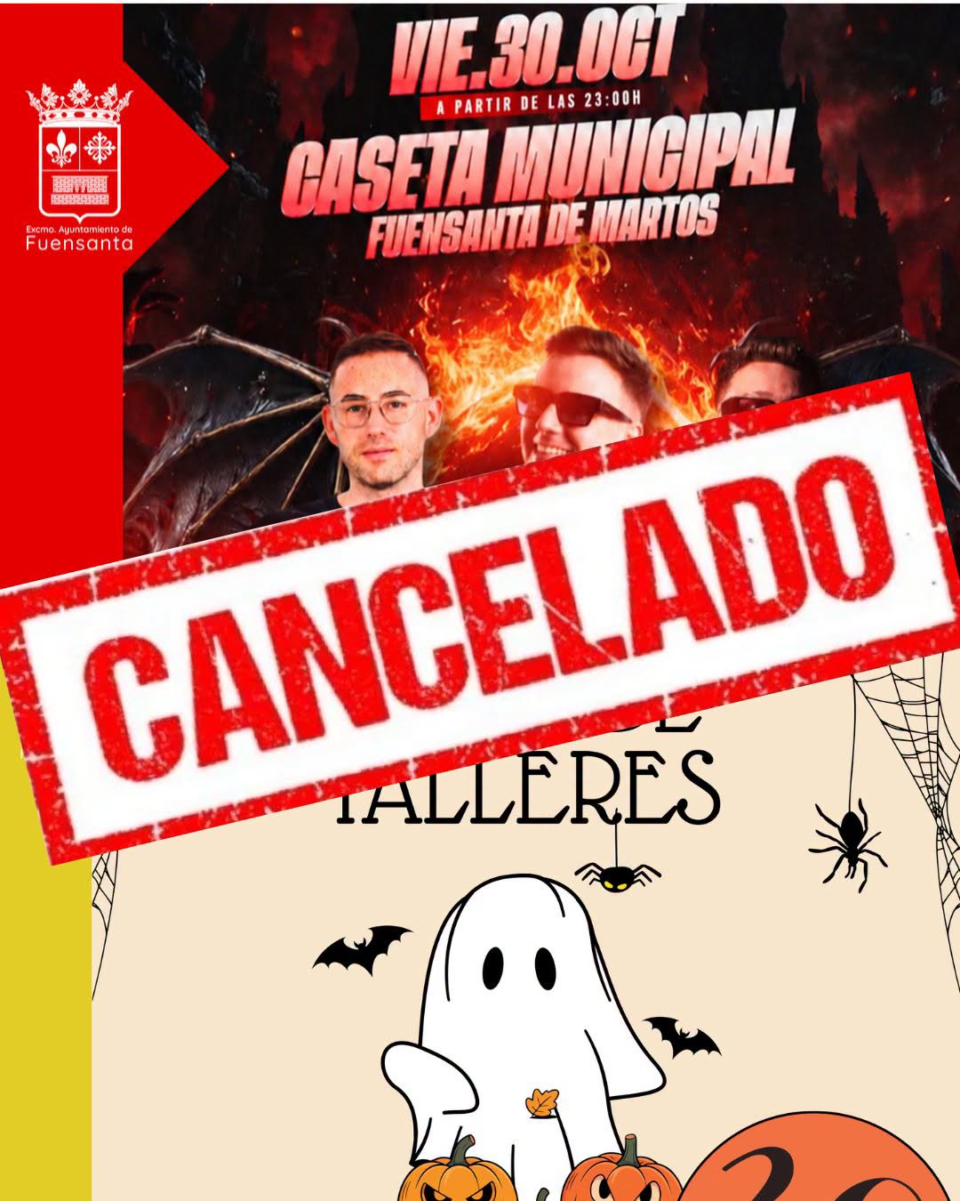 Cartel de Halloween con tres personas, un fantasma, calabazas y un sello rojo grande que dice CANCELADO.