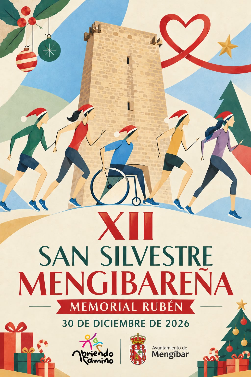 Cartel de una carrera navideña con corredores y una persona en silla de ruedas ante una torre de piedra.