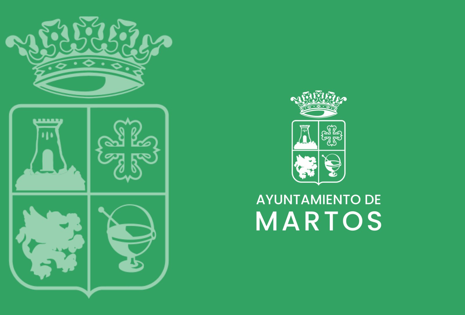 Fondo verde con dos escudos coronados de cuatro cuarteles y el texto Ayuntamiento de Martos.