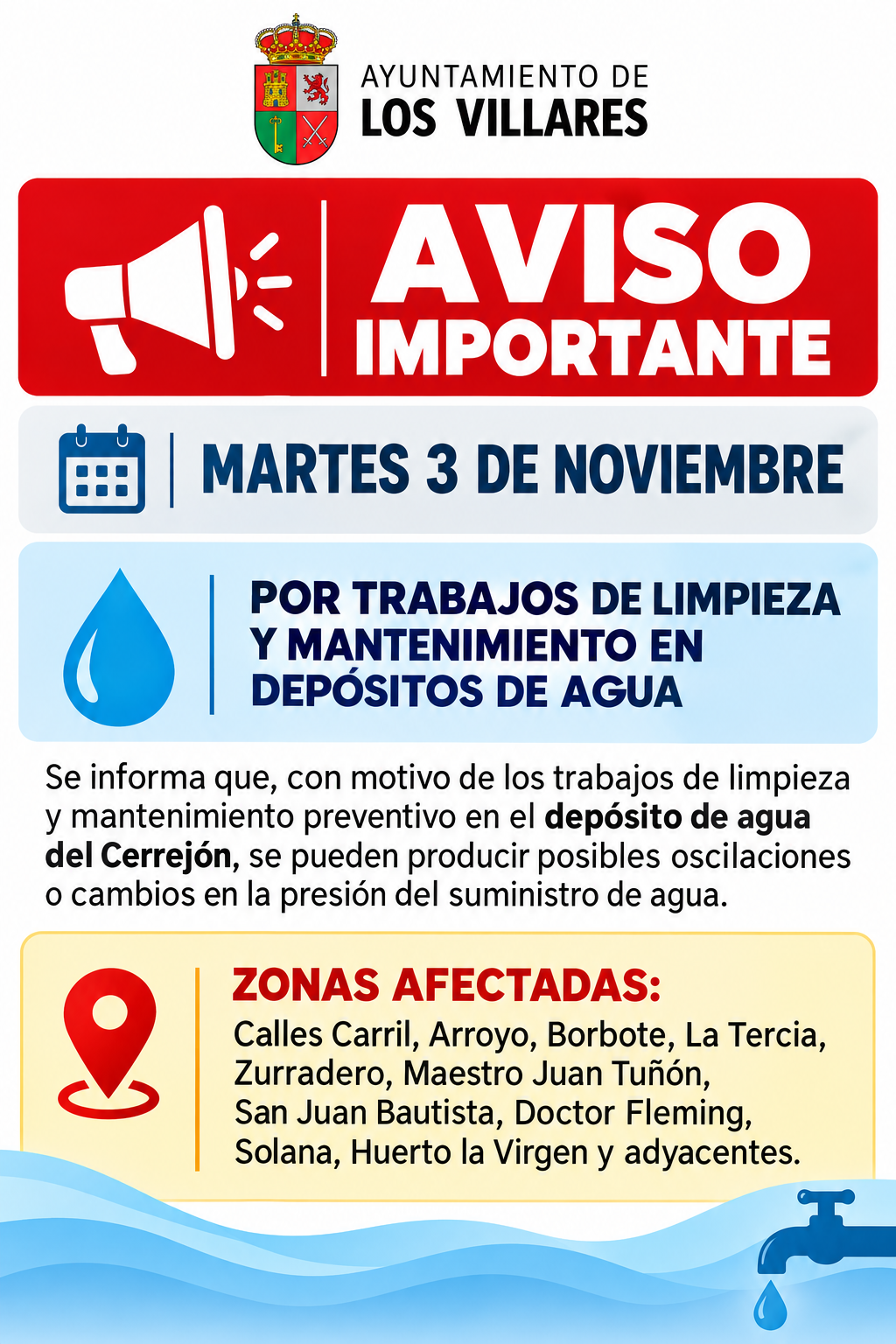 Cartel del Ayuntamiento de Los Villares que avisa de trabajos en depósitos de agua el martes 3 de noviembre y lista calles afectadas.