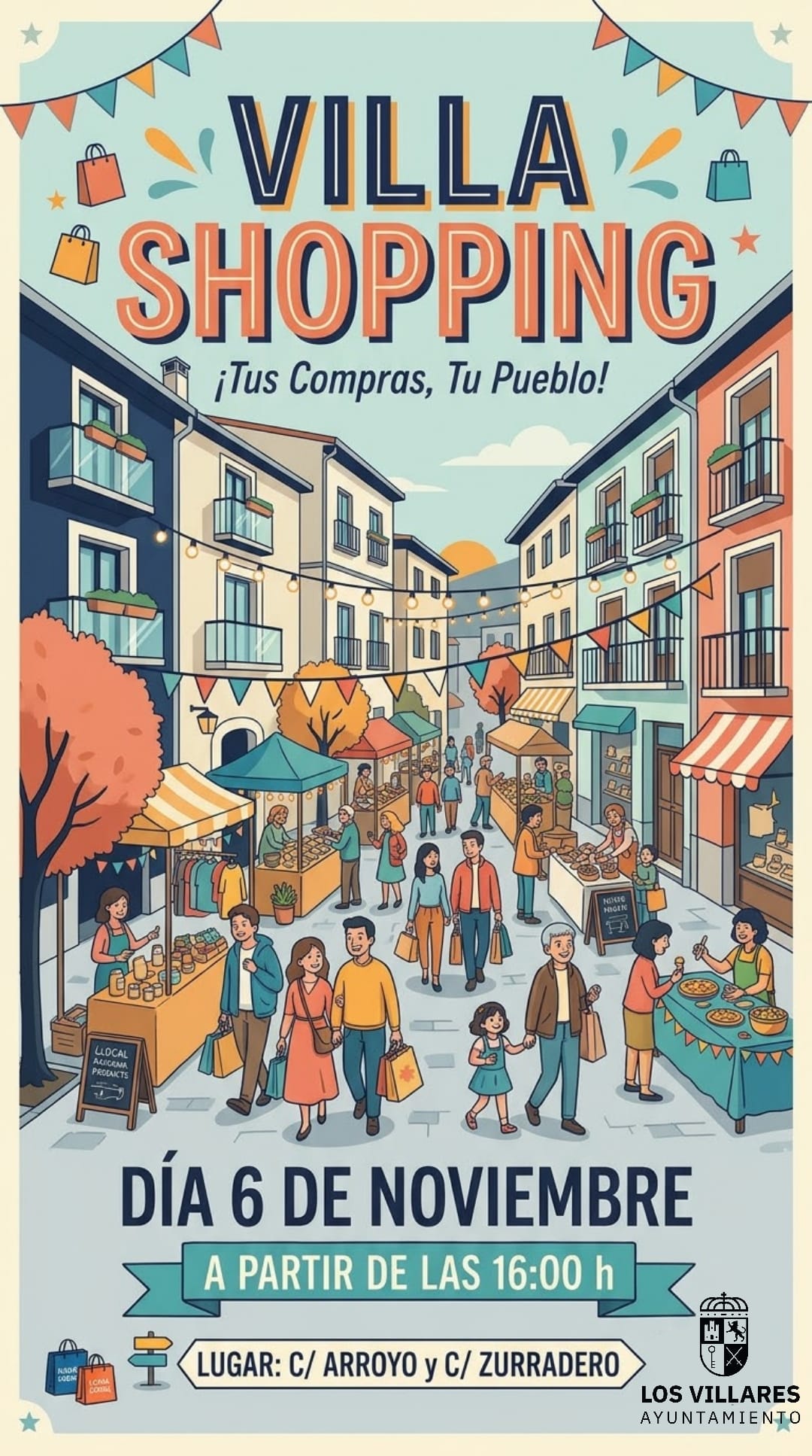 Cartel ilustrado de una calle con puestos de mercado, gente paseando y el texto Villa Shopping y 6 de noviembre.