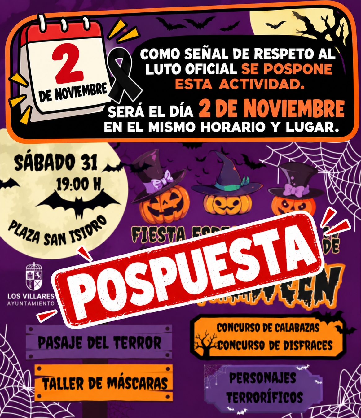 Cartel morado de Halloween con calabazas, murciélagos y un sello rojo que dice POSPUESTA y la nueva fecha, 2 de noviembre.