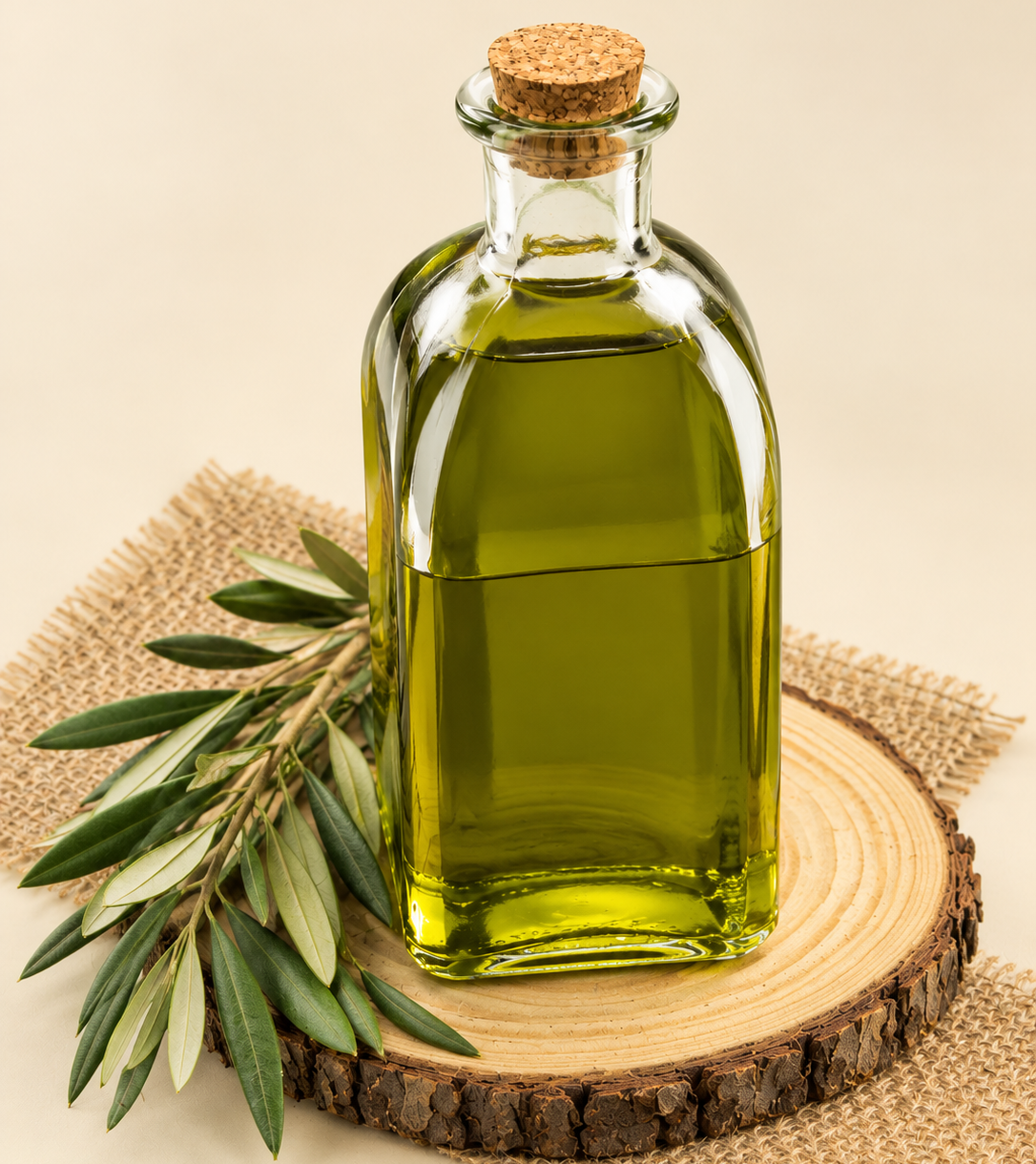 Botella de vidrio con aceite de oliva verde y tapón de corcho, junto a una rama de olivo sobre un tronco y arpillera.